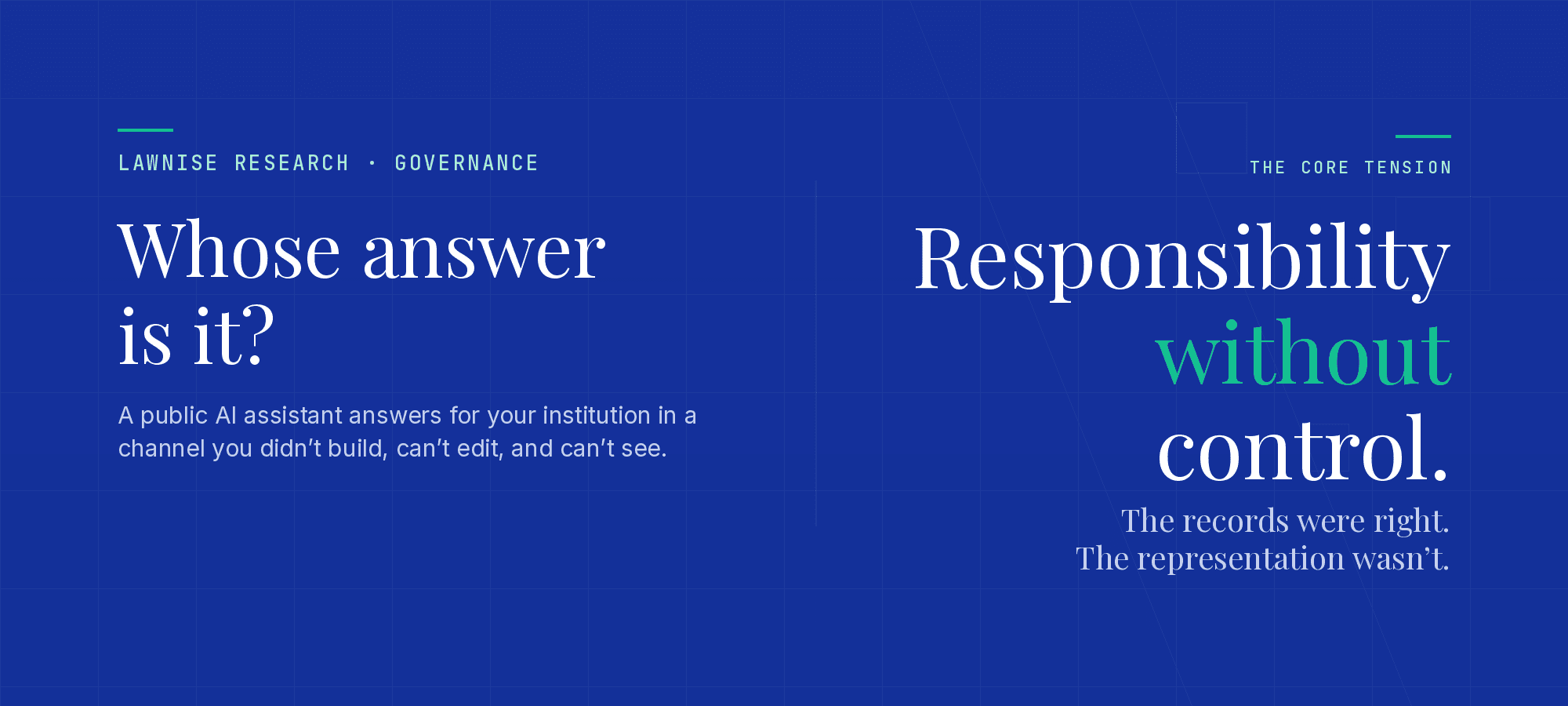 On a deep-blue Lawnise Research title card, the headline 'Whose answer is it?' sits at left while the larger focal phrase 'Responsibility without control.' anchors the right, framing AI answer accuracy as a governance surface institutions own but can't see.