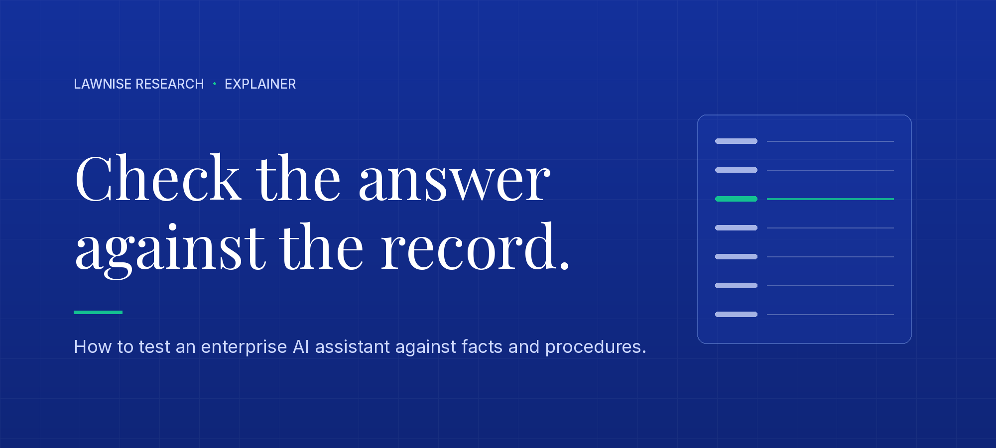 Explainer headline: Check the answer against the record. A seven-row test card accompanies the enterprise AI assistant testing guide.