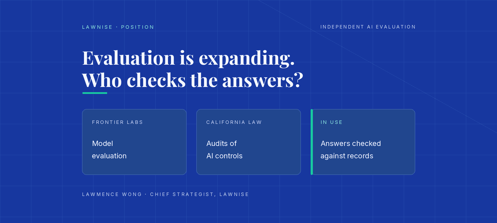 Independent AI evaluation is expanding across frontier labs and California law. The question is who checks the answers AI gives in use.